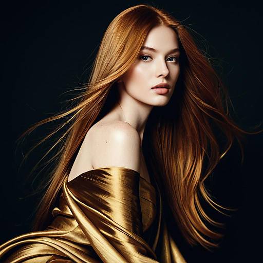 Elegant Portrait of Woman with Flowing Red Hair in Golden Fabric