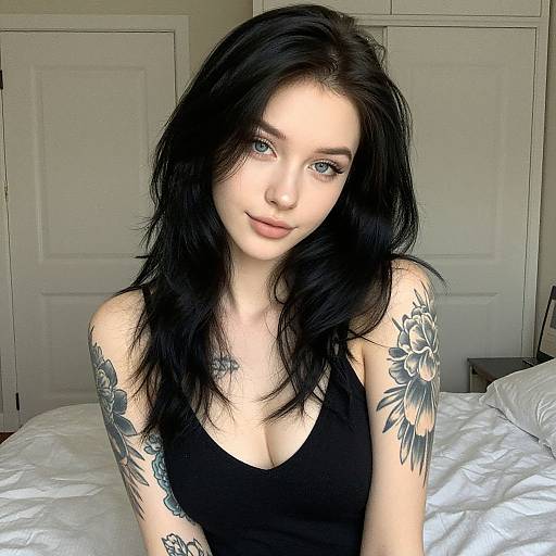 Portrait of Woman with Black Hair and Floral Tattoos Wearing Black Top