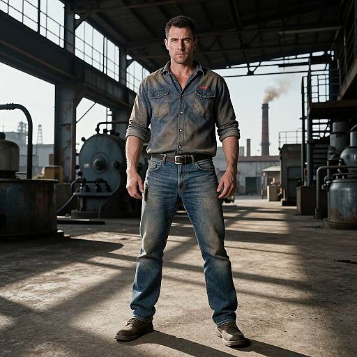 Rugged Man Standing in Industrial Factory Warehouse with Denim Clothing