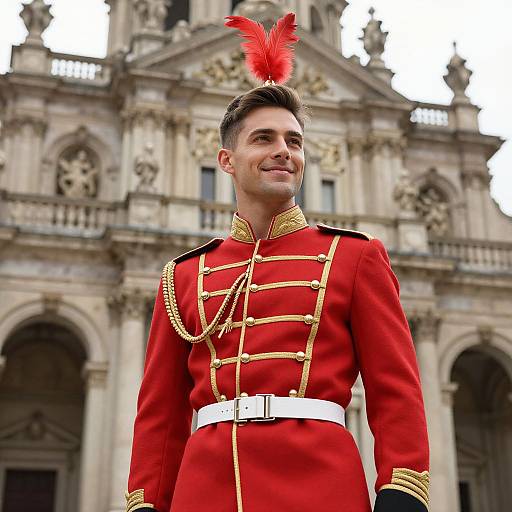 Man in Red Traditional Military Uniform with Gold Detailing and Feather Plume