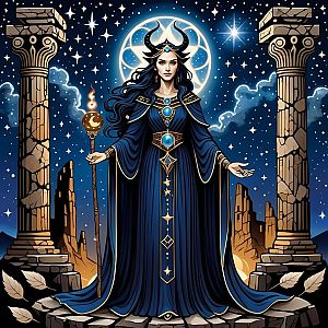Powerful Woman in Celestial Robe Under Starry Sky
