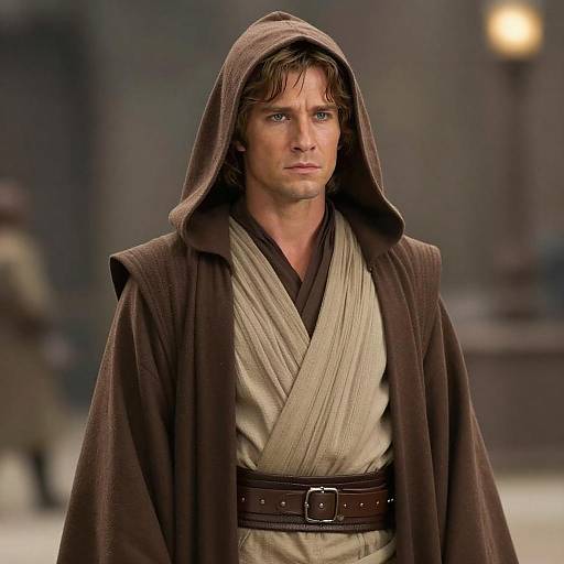 Man in Traditional Jedi Robes with Hooded Cloak