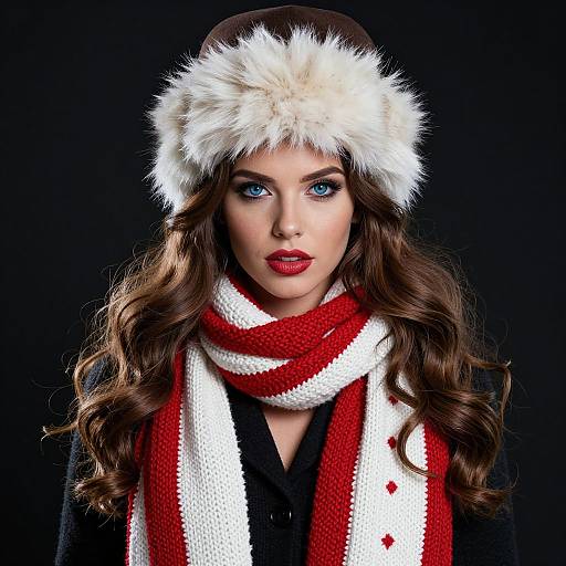 Winter Fashion Portrait of Woman in Fur Hat and Red-White Scarf