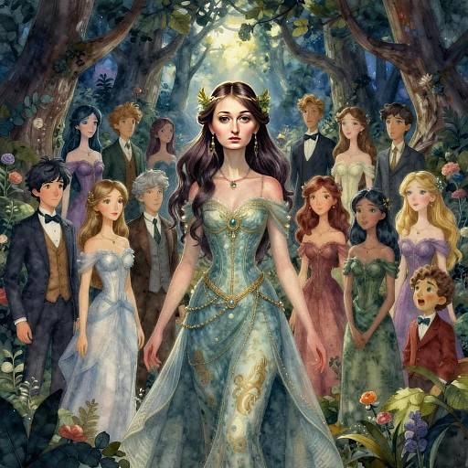 Enchanting Fantasy Gathering with Regal Woman in Blue Gown in Mystical Forest
