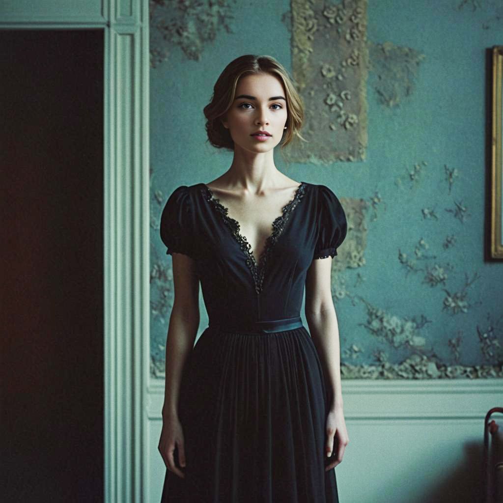 Elegant Woman in Black Dress in Vintage Room