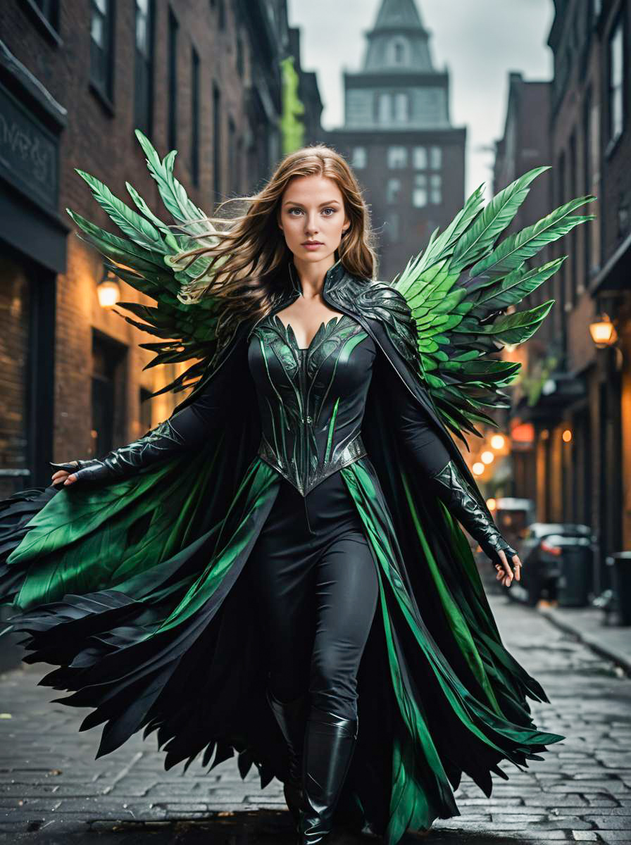 Woman in Banshee Costume with Green and Black Wings