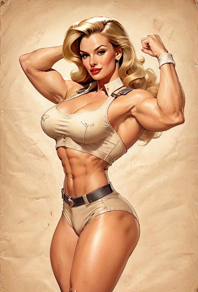 Strong Muscular Woman Vintage Pin-Up Style Digital Illustration