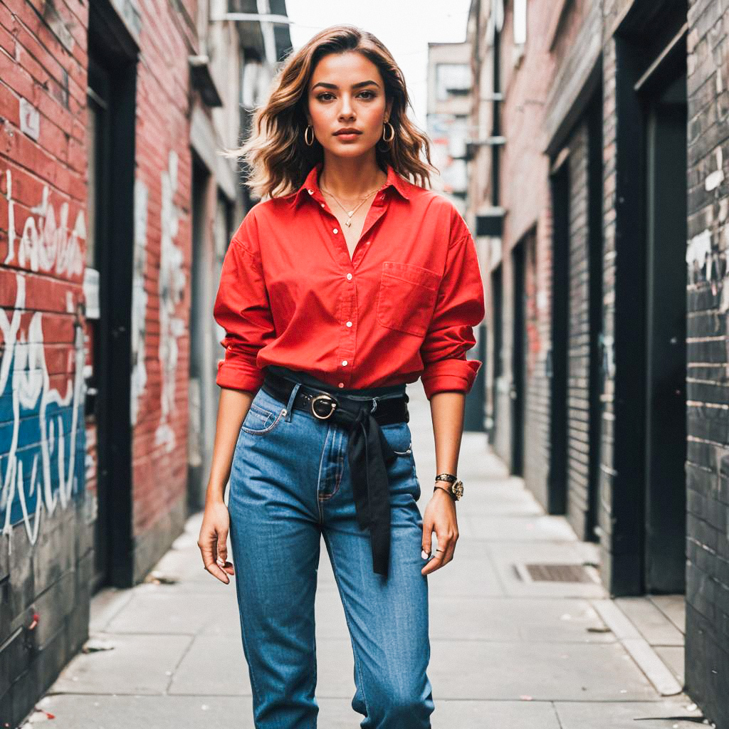 Confident Woman in Urban Alley - Casual Chic Fashion