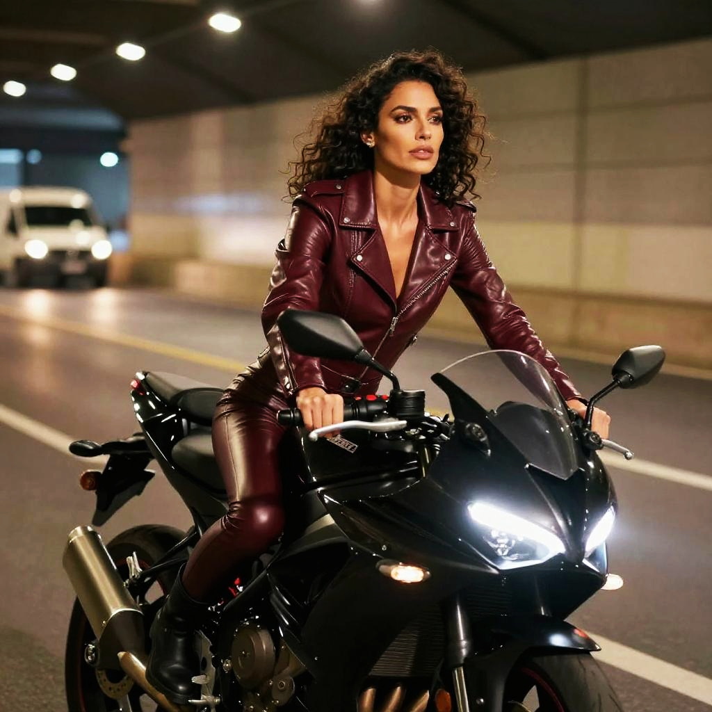 Woman in Burgundy Leather Riding Black Sport Motorcycle in Urban Tunnel