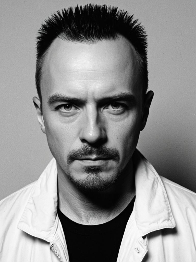 Intense Black and White Portrait of Man with Spiked Hair