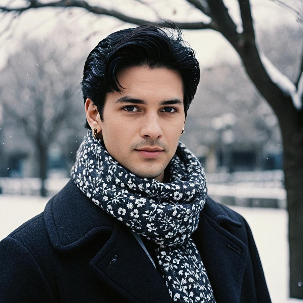 Stylish Young Man in Winter Snow