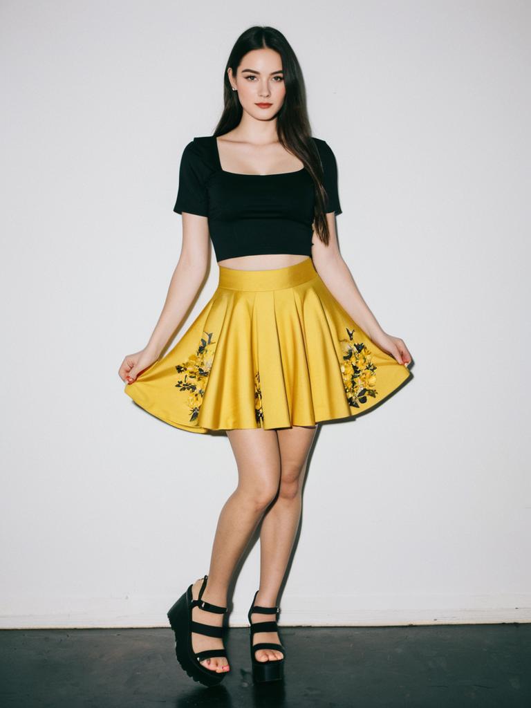 Woman Wearing Casual Trendy Black Crop Top with Yellow Floral Skirt