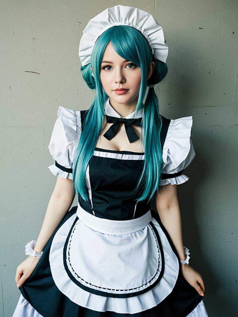 Andou Mahoro Cosplay in Classic Maid Outfit with Turquoise Hair