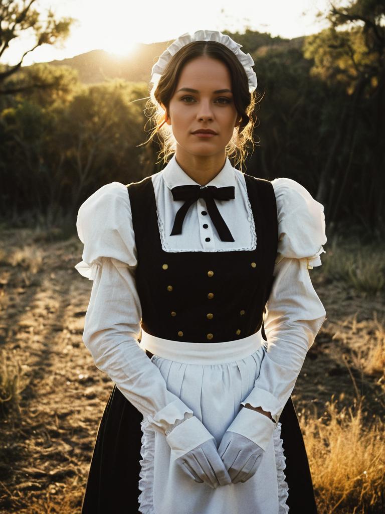 Woman in Django Unchained Maid Costume Cinematic Realism Outdoor