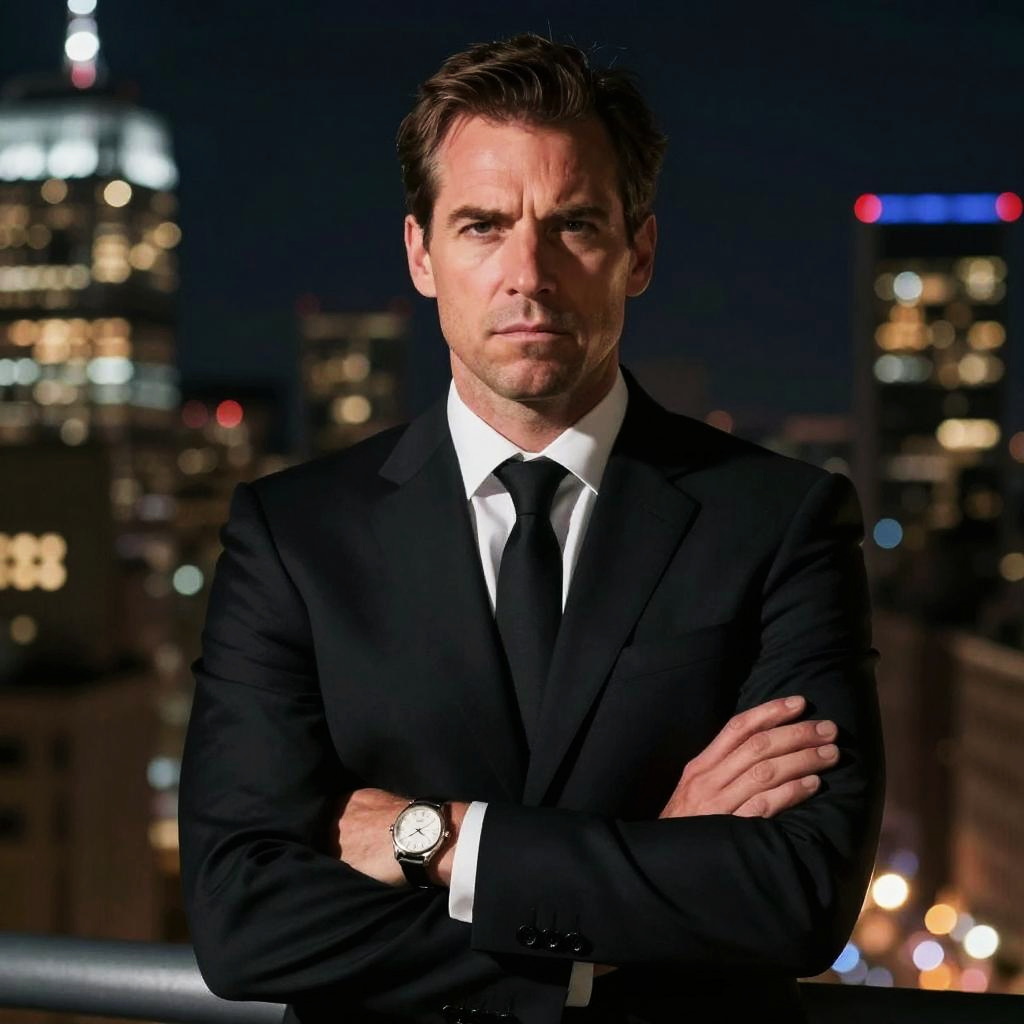 Confident Man in Black Suit at Night Urban Background