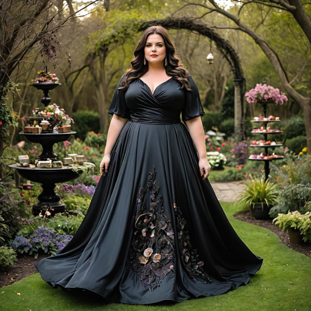 Elegant Woman in Black Gown in Lush Garden