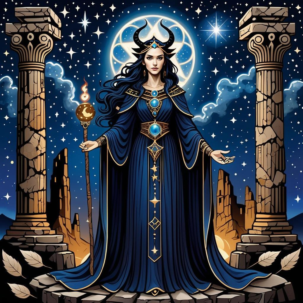 Powerful Woman in Celestial Robe Under Starry Sky Powerful Woman in Celestial Robe Under Starry Sky