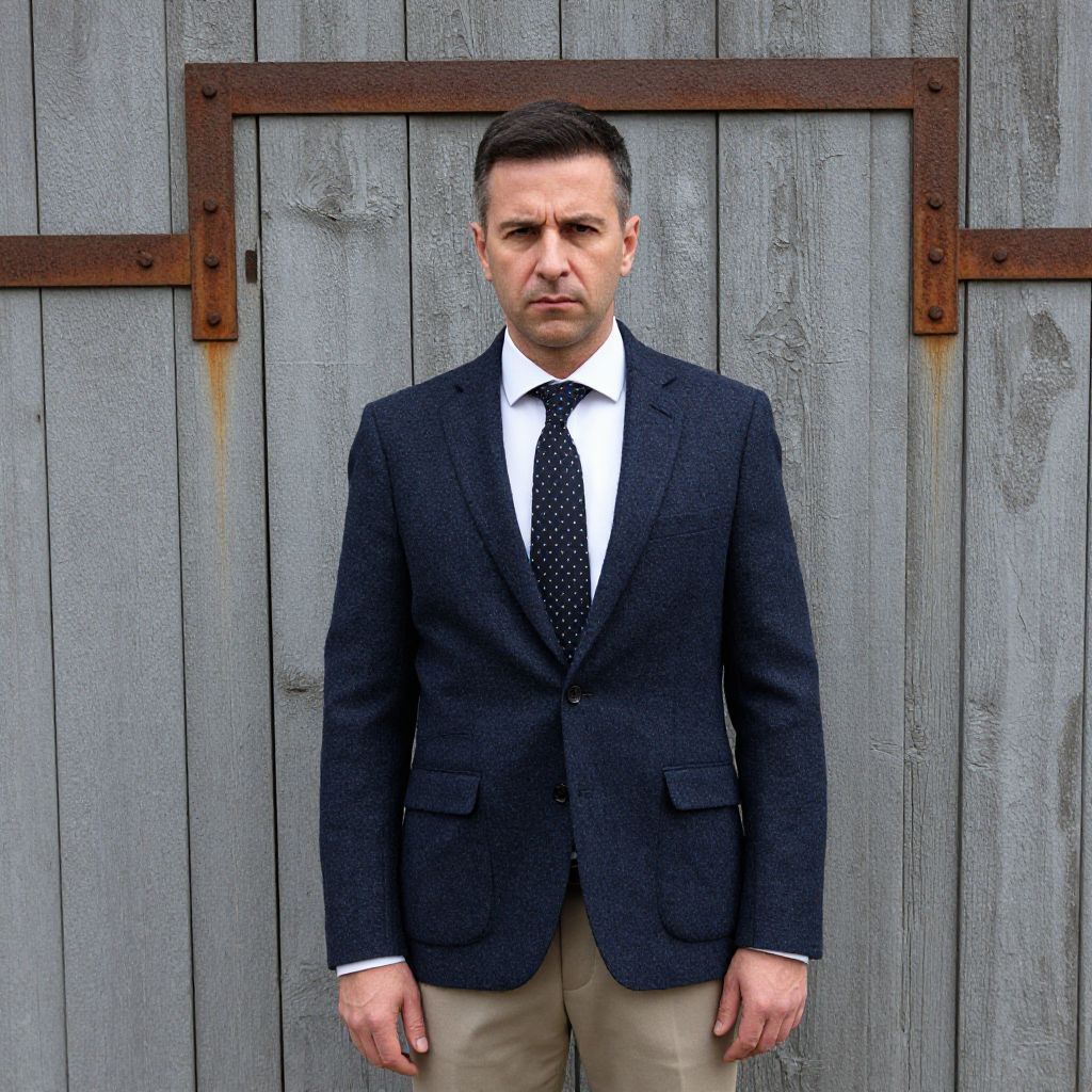 Man in Navy Blazer and Tie Standing by Rustic Wooden Wall