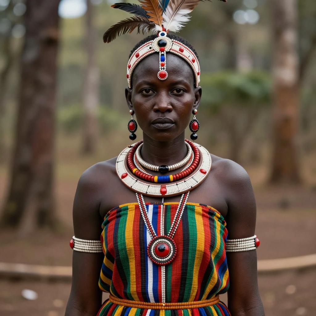 Traditional African Woman in Colorful Tribal Attire and Beaded Jewelry