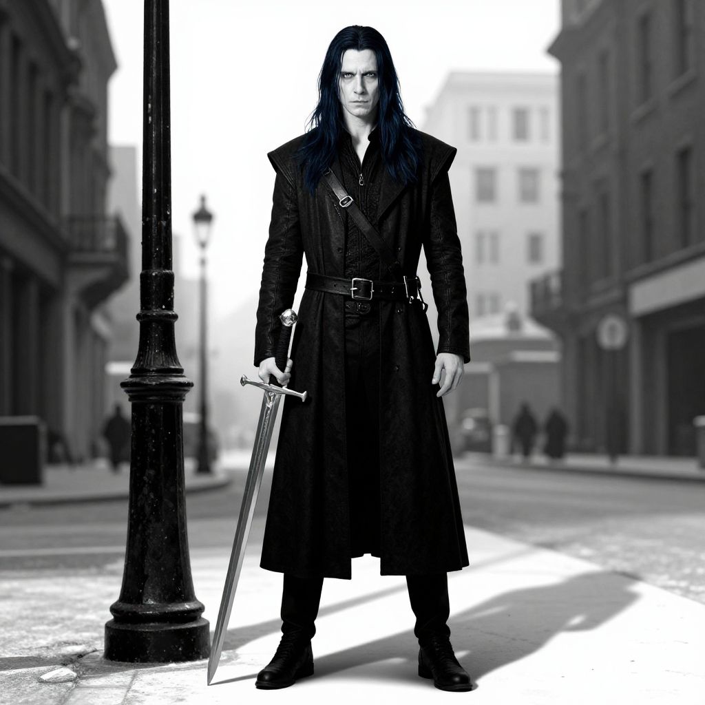 Gothic Man in Leather Coat Holding Sword in Vintage Street Scene
