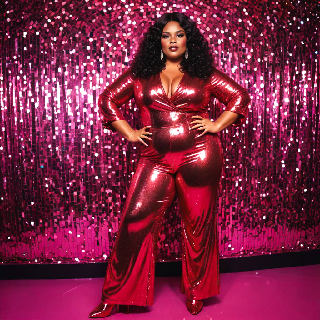 Confident Woman in Red Jumpsuit Against Pink Sequin Background