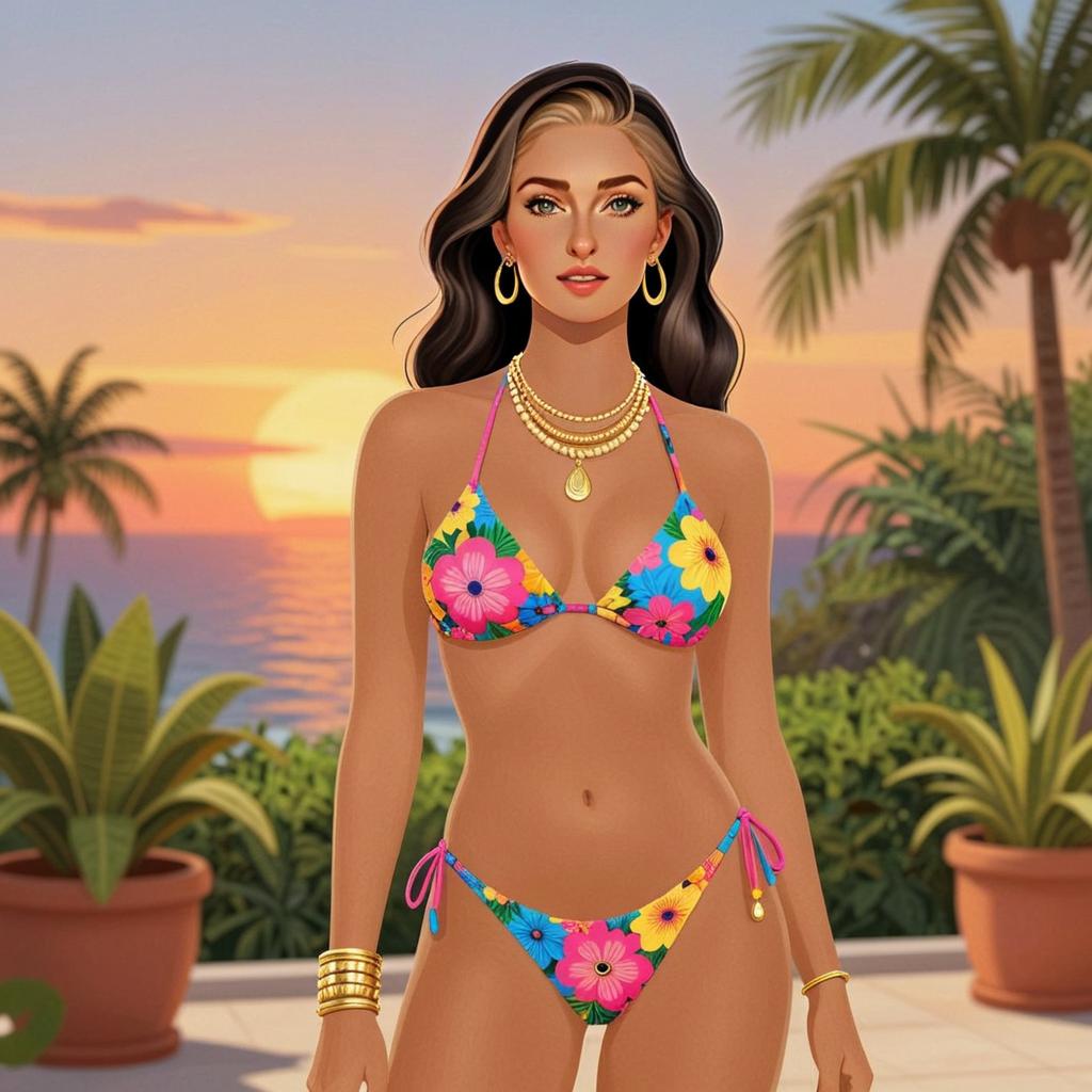 Woman in Floral Bikini at Tropical Sunset Digital Illustration