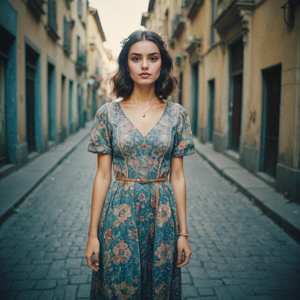 Serene beauty in floral dress, lomographic style