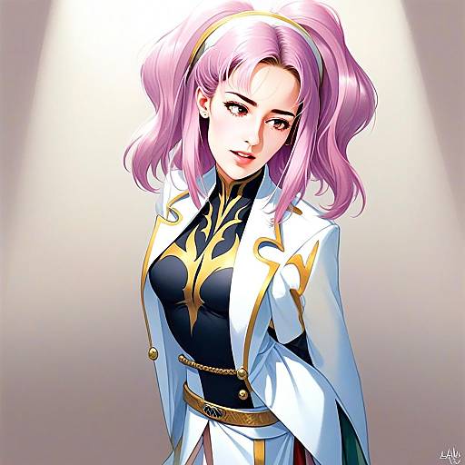 Anya Alstreim Anime Character with Pink Hair and Elegant White Gold Outfit
