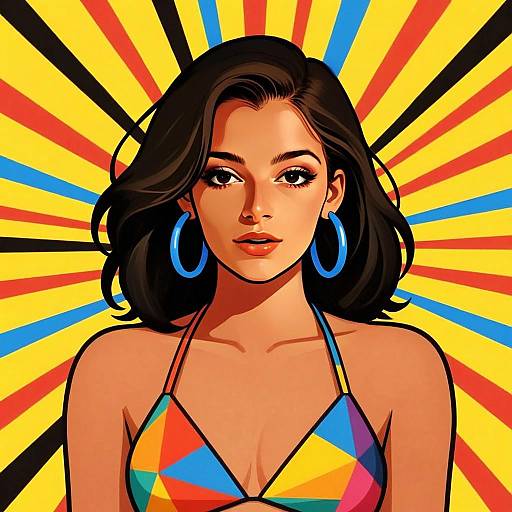 Pop Art Illustration of Woman with Colorful Geometric Top and Radiant Background
