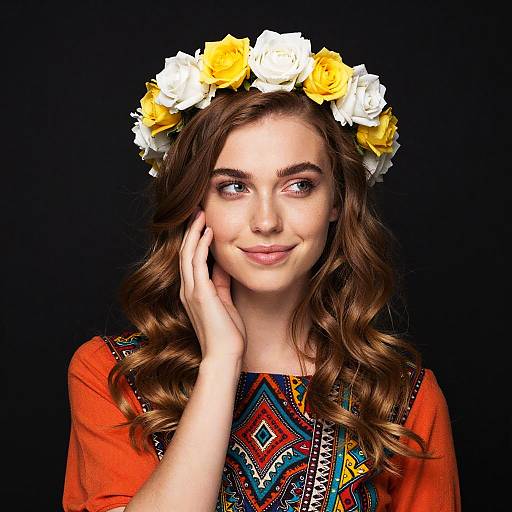 Young Woman Wearing Floral Crown and Ethnic Patterned Orange Top