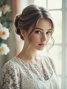 Elegant Young Woman in Lace Blouse Soft Natural Light Portrait