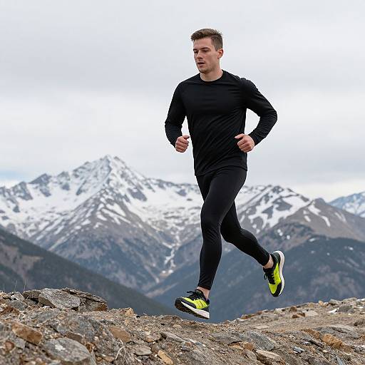 Man Running Outdoors on Rocky Trail with Snowy Mountains