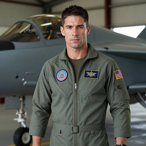 Military Pilot in Flight Suit Standing by Fighter Jet in Hangar