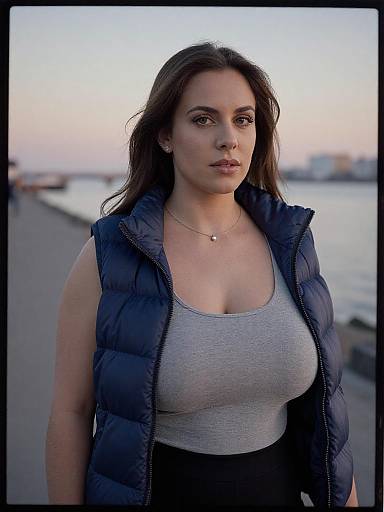Curvy Woman in Gray Tank Top and Navy Puffer Vest by Waterfront at Sunset