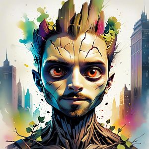 Man with Tree-Like Texture and Glowing Eyes in Urban Landscape
