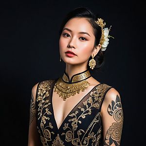 Elegant Woman in Black and Gold Dress with Jewelry