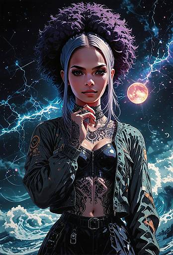 Cyberpunk Woman with Afro and Tattoos in Futuristic Cosmic Setting