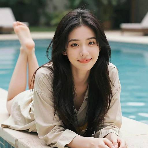 Young Woman Relaxing by the Poolside in Casual Outfit