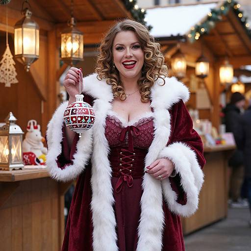 Woman in Vintage Red Velvet Coat Holding Christmas Ornament at Holiday Market