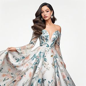Elegant Woman in Floral Off-Shoulder Gown