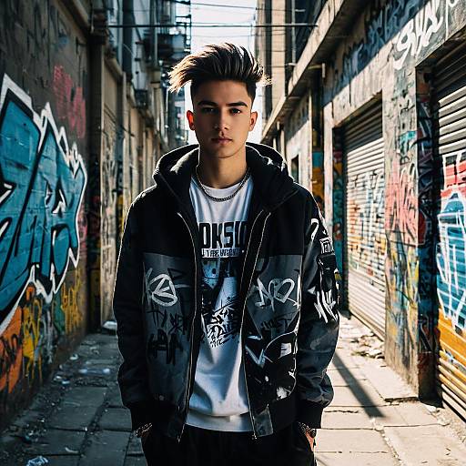 Urban Streetwear Young Man Posing in Graffiti Alley