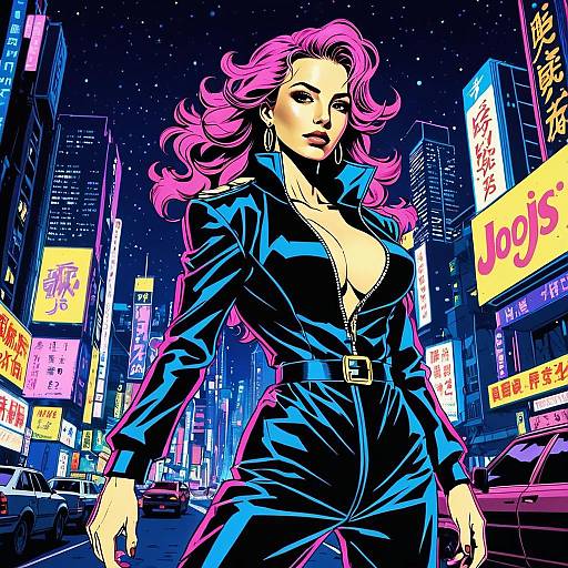 Cyberpunk Woman with Pink Hair in Neon Cityscape