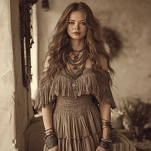 Elegant Bohemian Woman in Sepia Tone