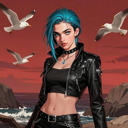 Edgy Blue-Haired Woman in Punk Style Leather Jacket at Seaside Sunset