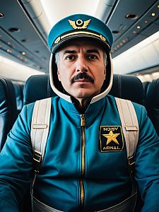 Photorealistic Man in Airliner Pilot Costume Cosplay Portrait Inside Airplane