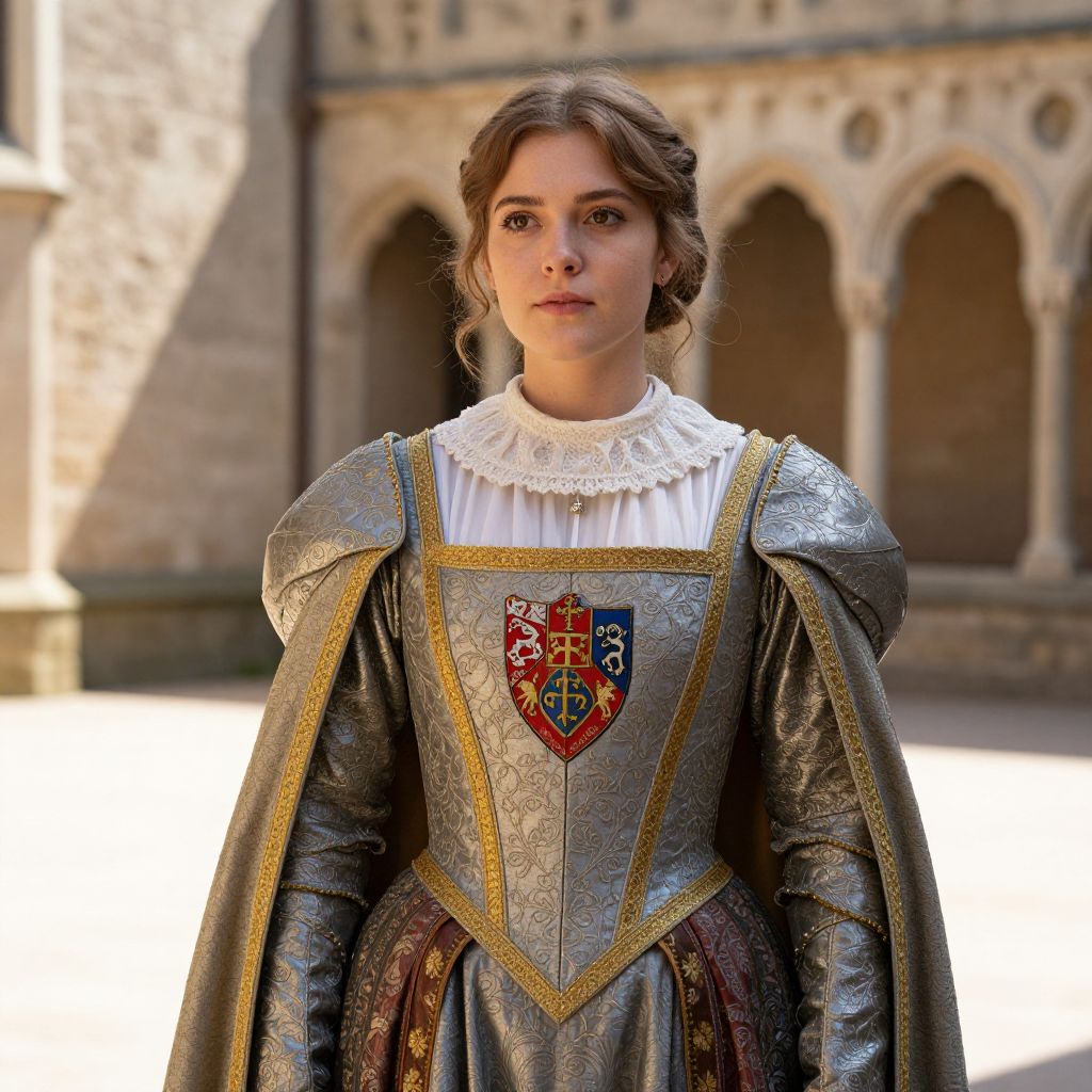 Young Woman in Renaissance-Style Armor with Heraldic Crest