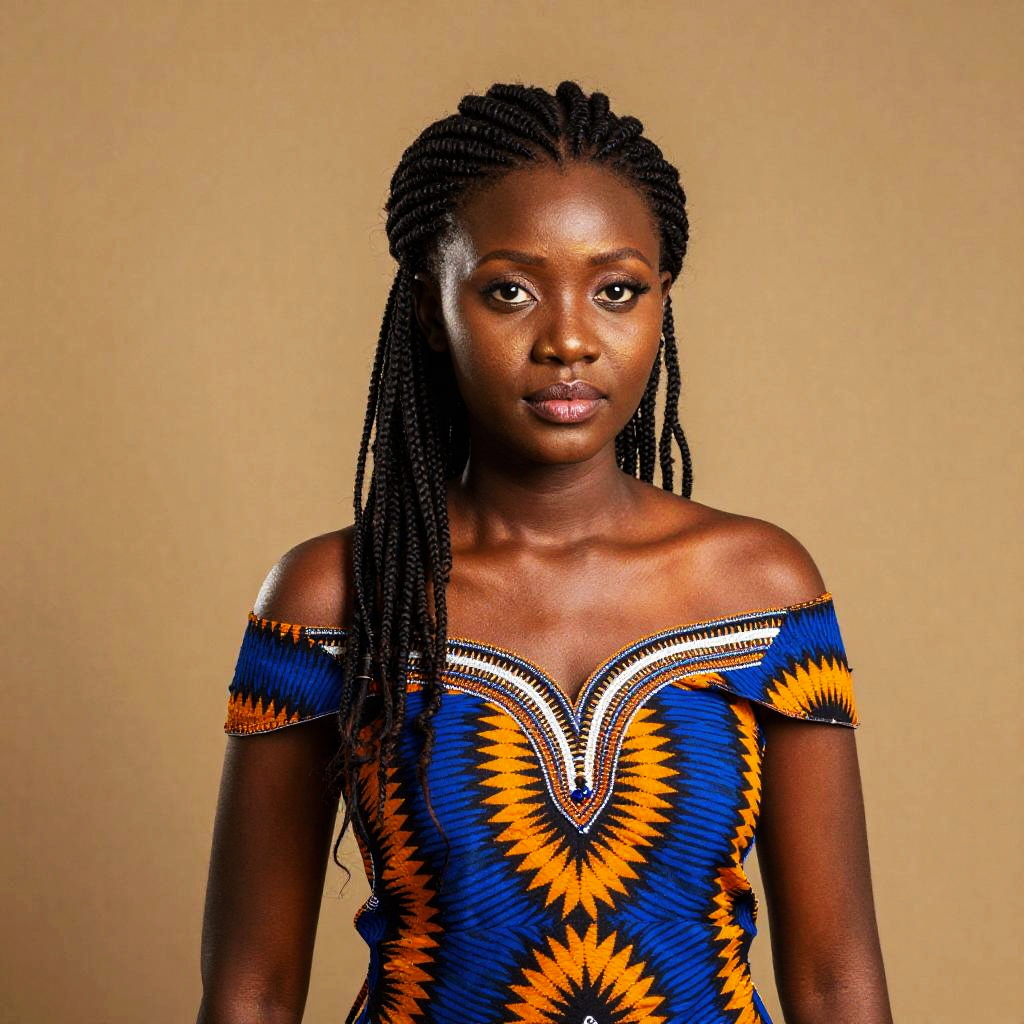 Young Woman Wearing Traditional African Patterned Off-Shoulder Dress