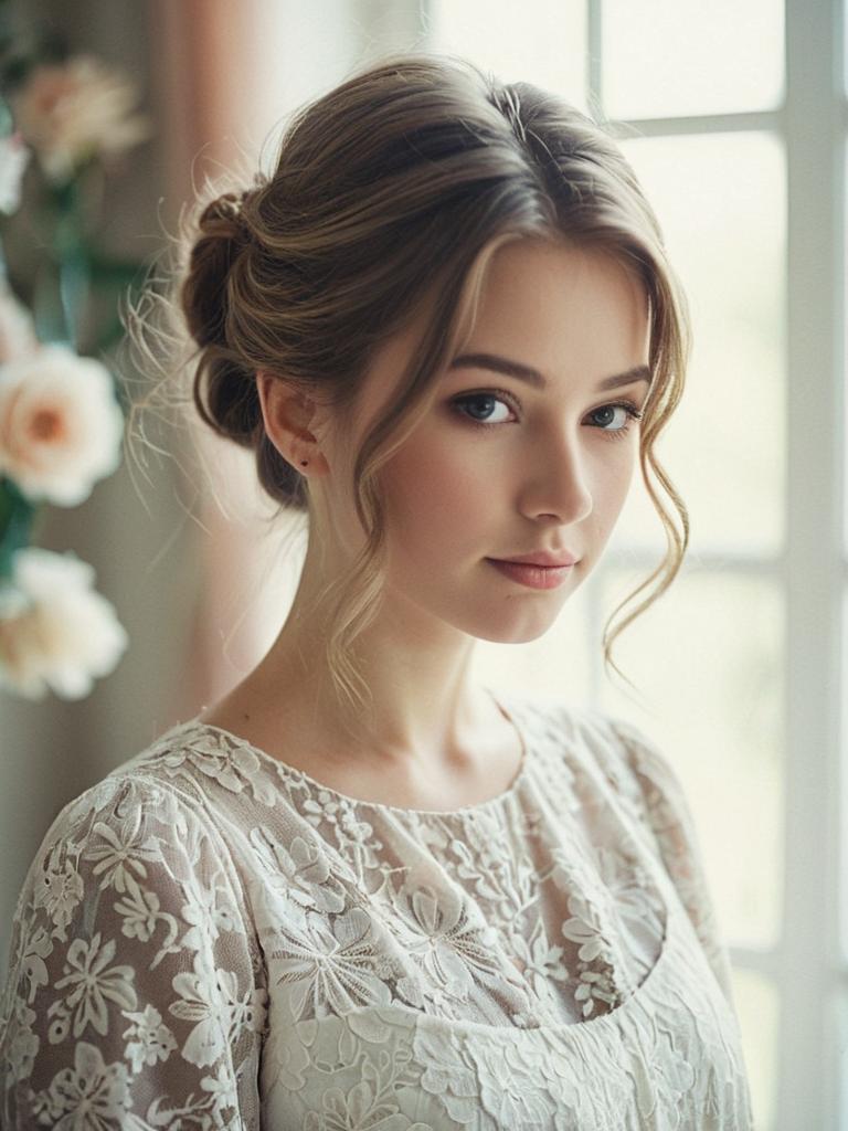 Elegant Young Woman in Lace Blouse Soft Natural Light Portrait