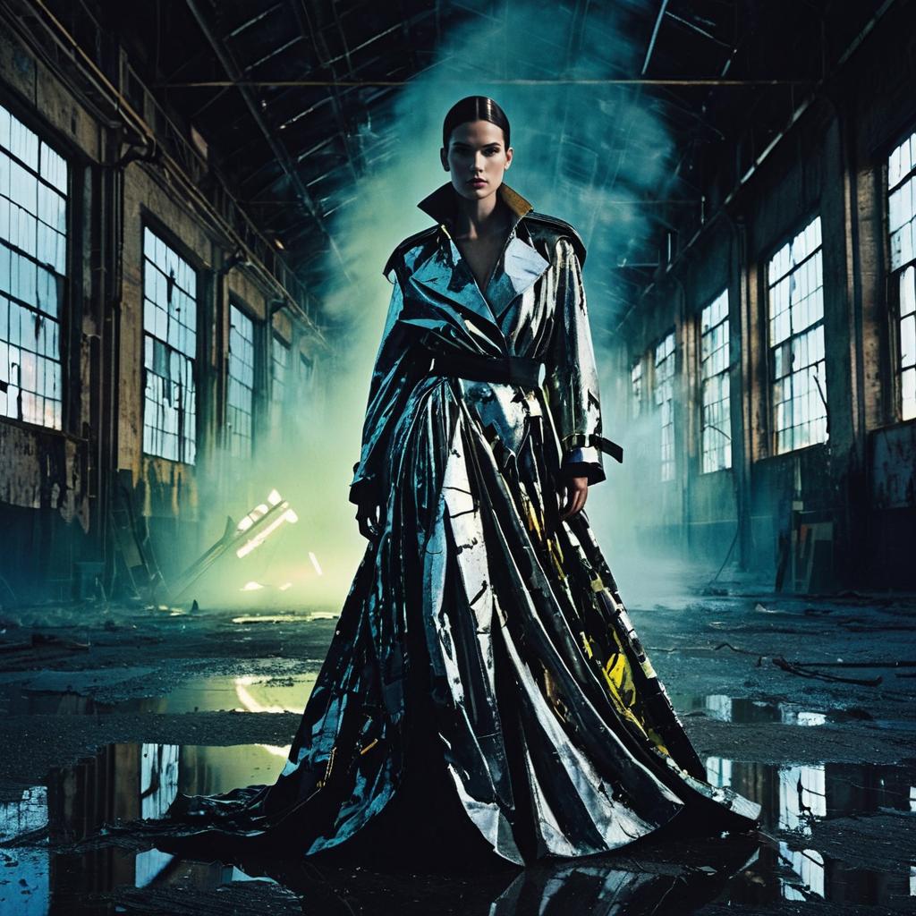 Futuristic Metallic Trench Coat Fashion in Industrial Warehouse