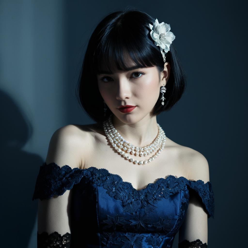 Elegant Woman in Dark Lace Dress with Pearl Jewelry and White Flower Hair Accessory